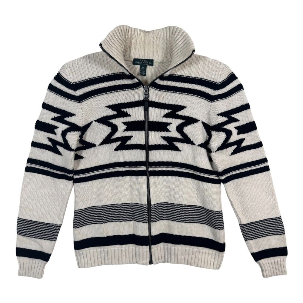 LRL Lauren Jeans Co Aztec Southwestern Zip Cardigan Sweater 100% Cotton M Cream